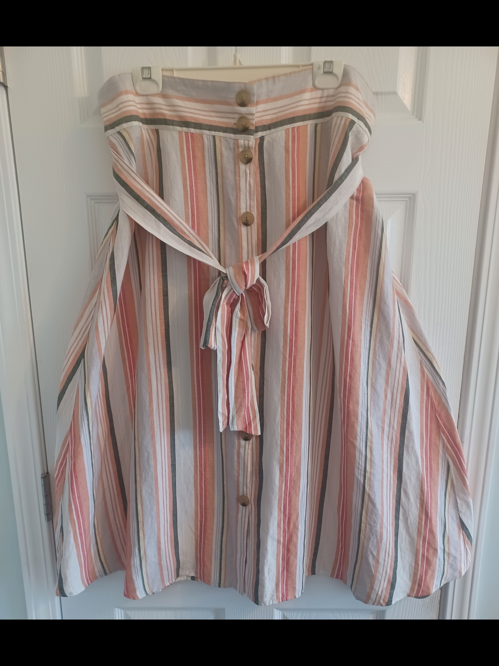 a new day Coral, Cream and Gray Striped Linen Blend Maxi Skirt Beachy